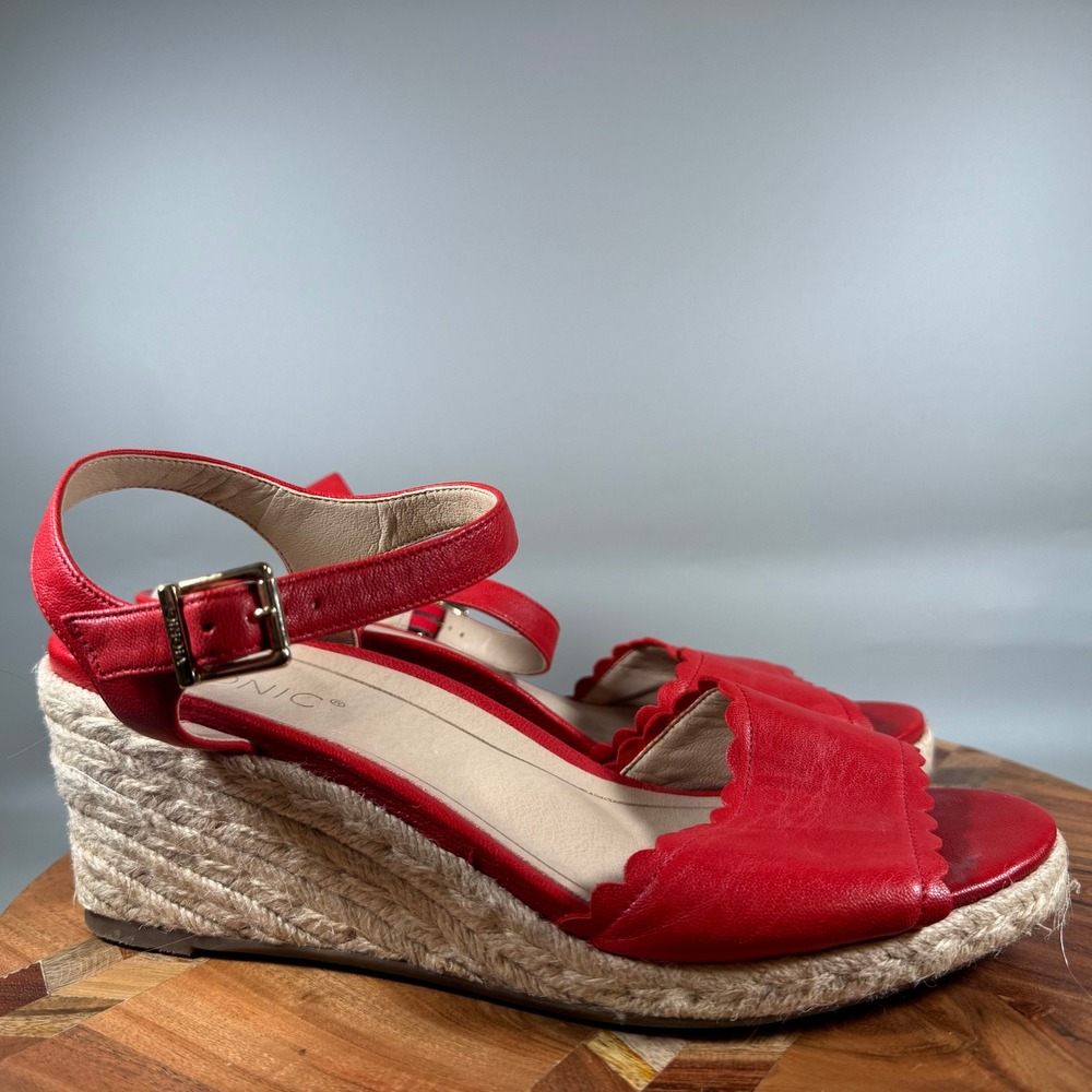 Vionic Stephany Red Leather Scalloped Espadrille Wedge Sandals Womens 10